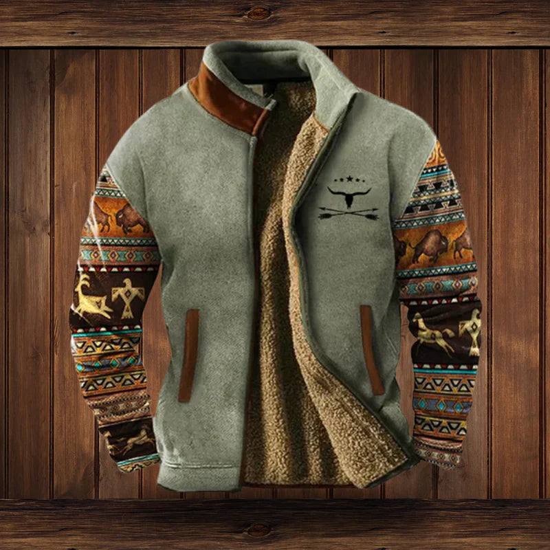 Men's tribal winter coat with bold heritage pattern sleeves, cozy urban explorer outerwear for cold weather