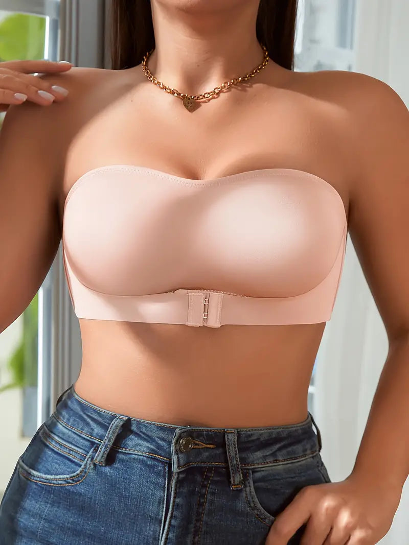 Women strapless push-up bra beige stretch silicone front closure no padding off-shoulder