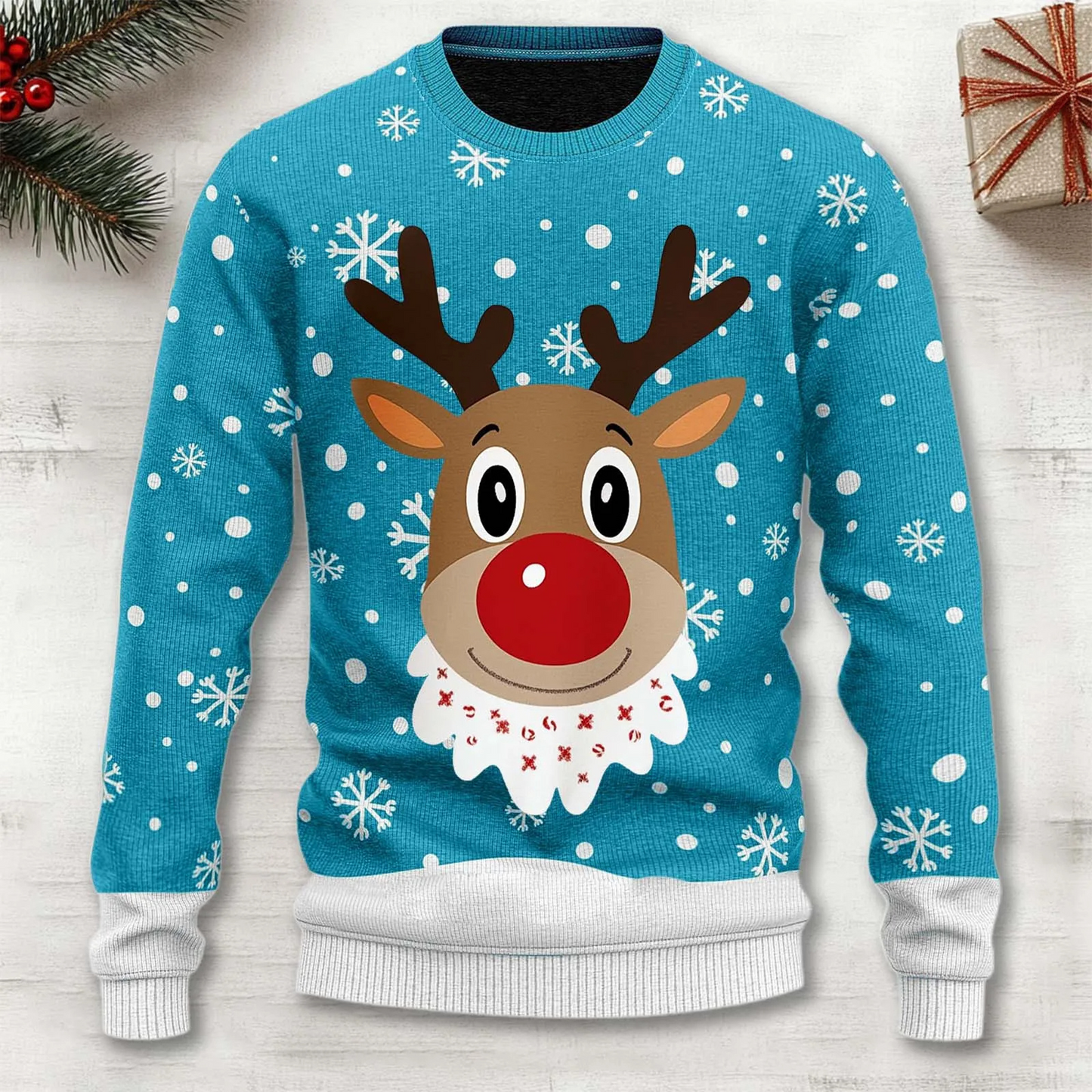 Red Christmas reindeer knit sweater cozy festive pullover with classic holiday motif pattern