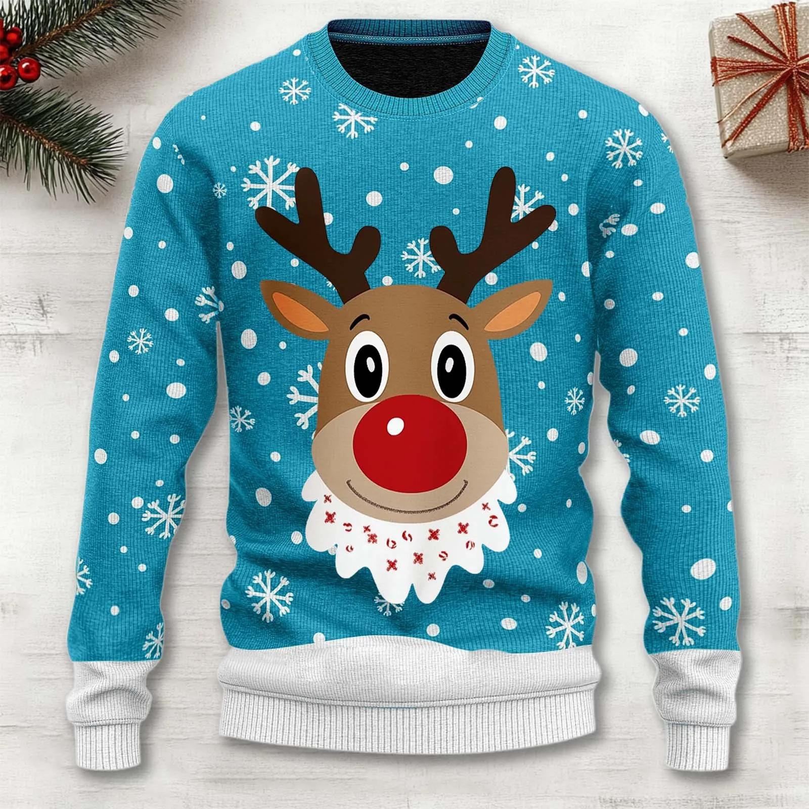 Red Christmas reindeer knit sweater cozy festive pullover with classic holiday motif pattern