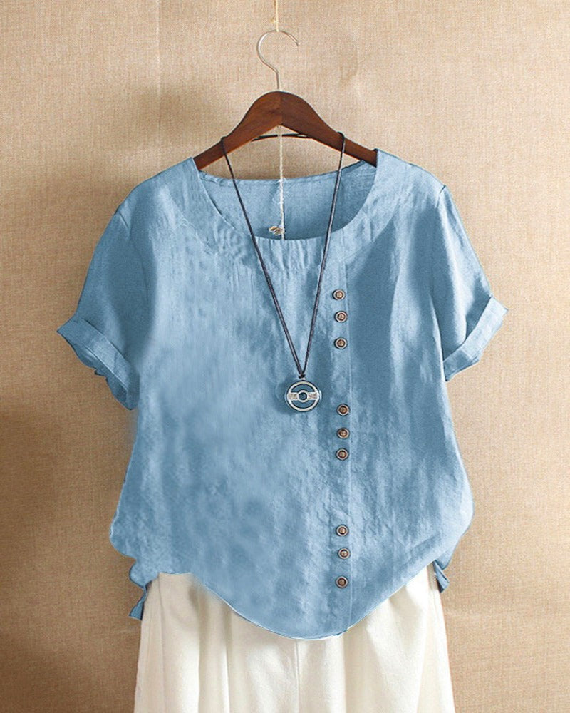 Women's solid short sleeve buttoned blouse round collar casual chic top bright colors clean silhouette