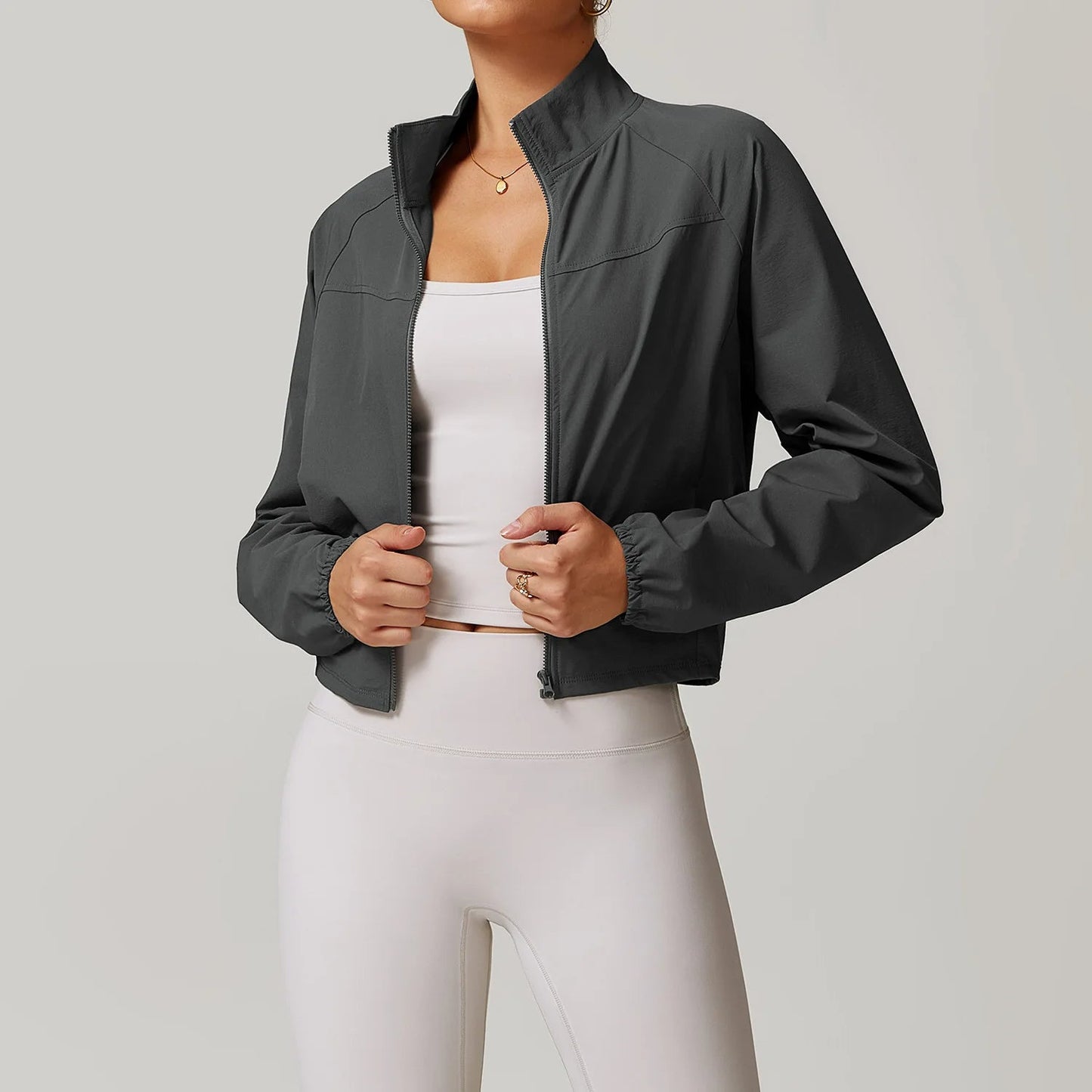Aria lightweight stretch woven performance jacket with stand-up collar, wind and water resistant, tailored fit
