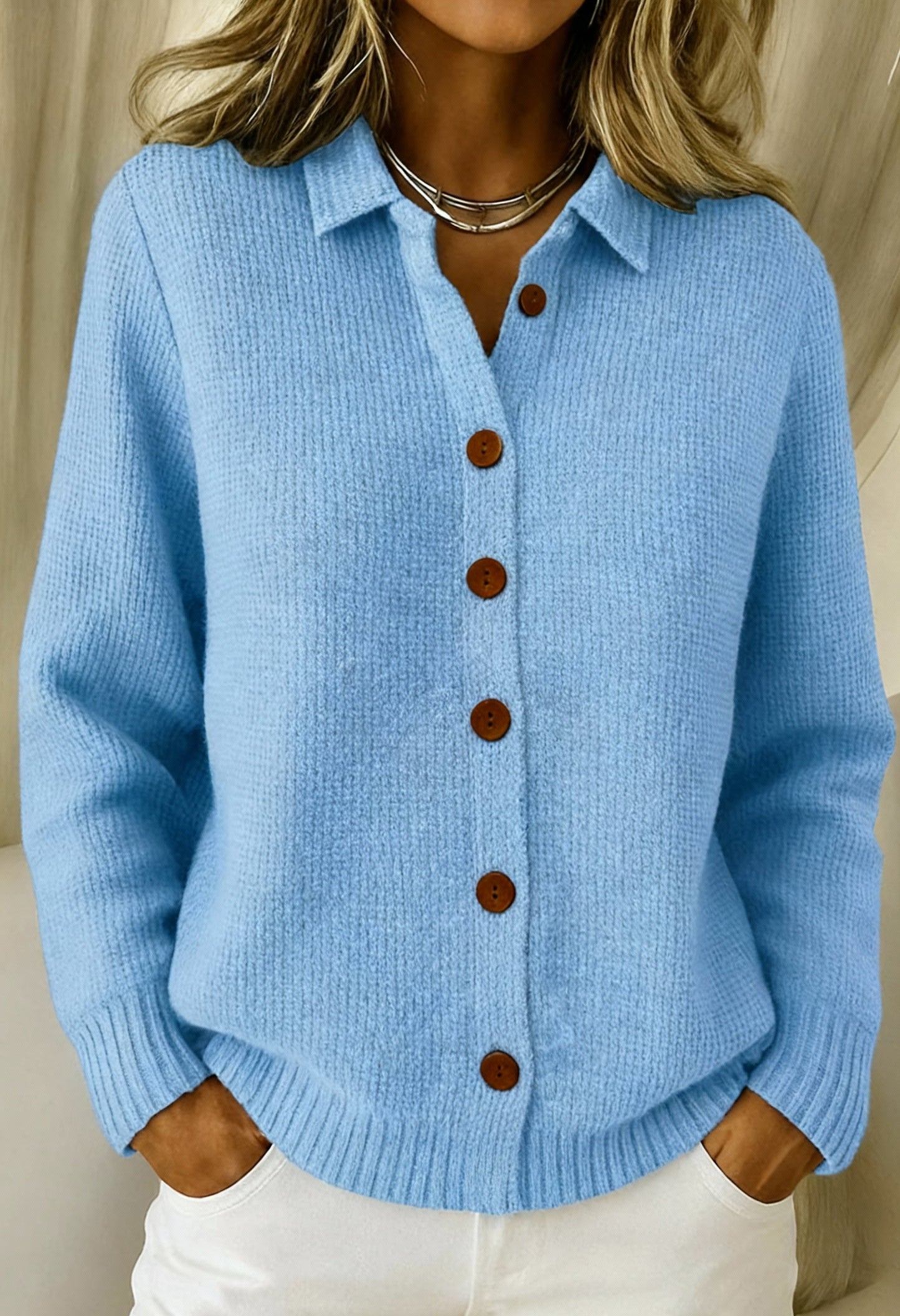 Women's soft knit cardigan with classic collar and button front, relaxed fit for everyday layering