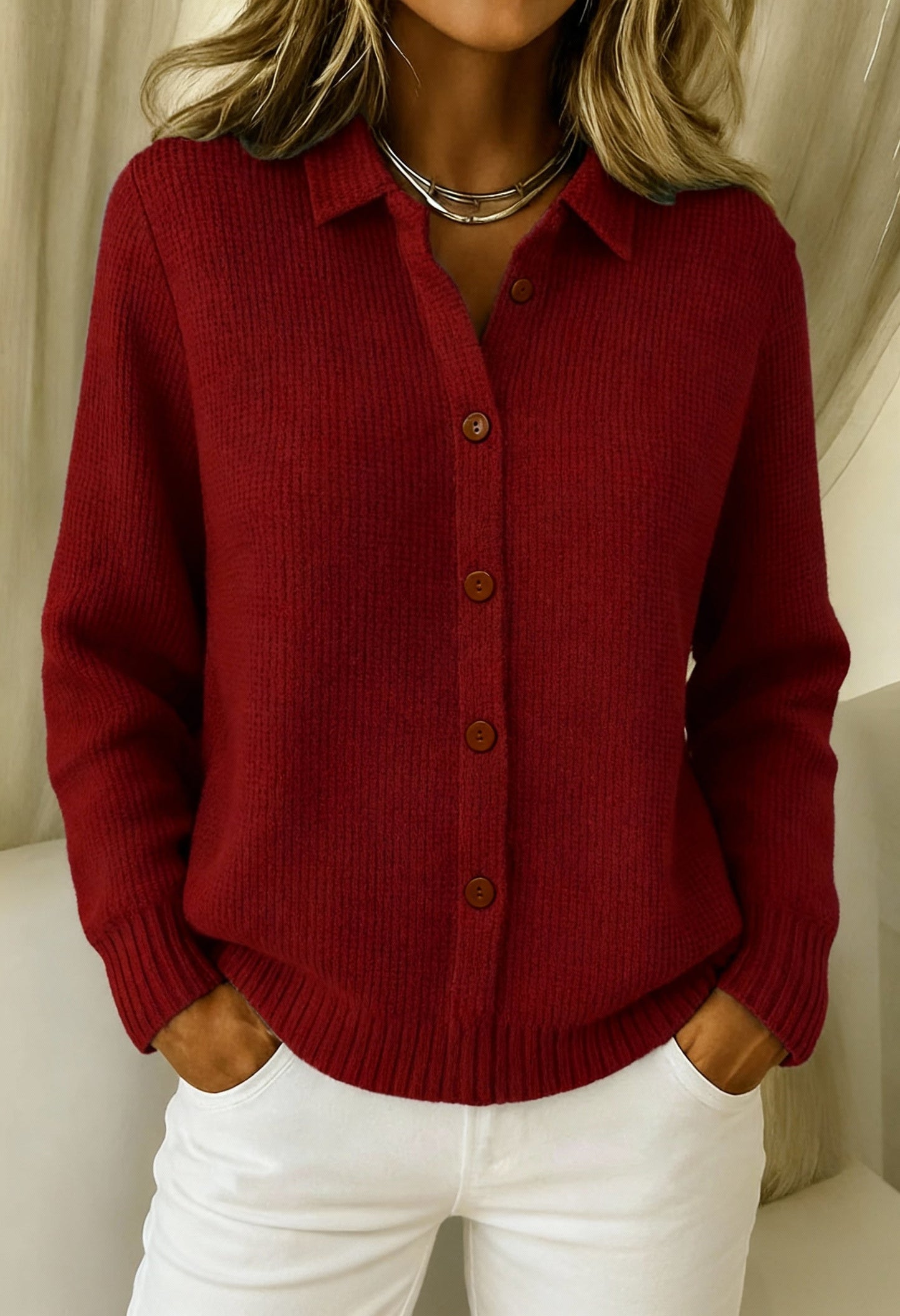 Women's soft knit cardigan with classic collar and button front, relaxed fit for elegant everyday layering