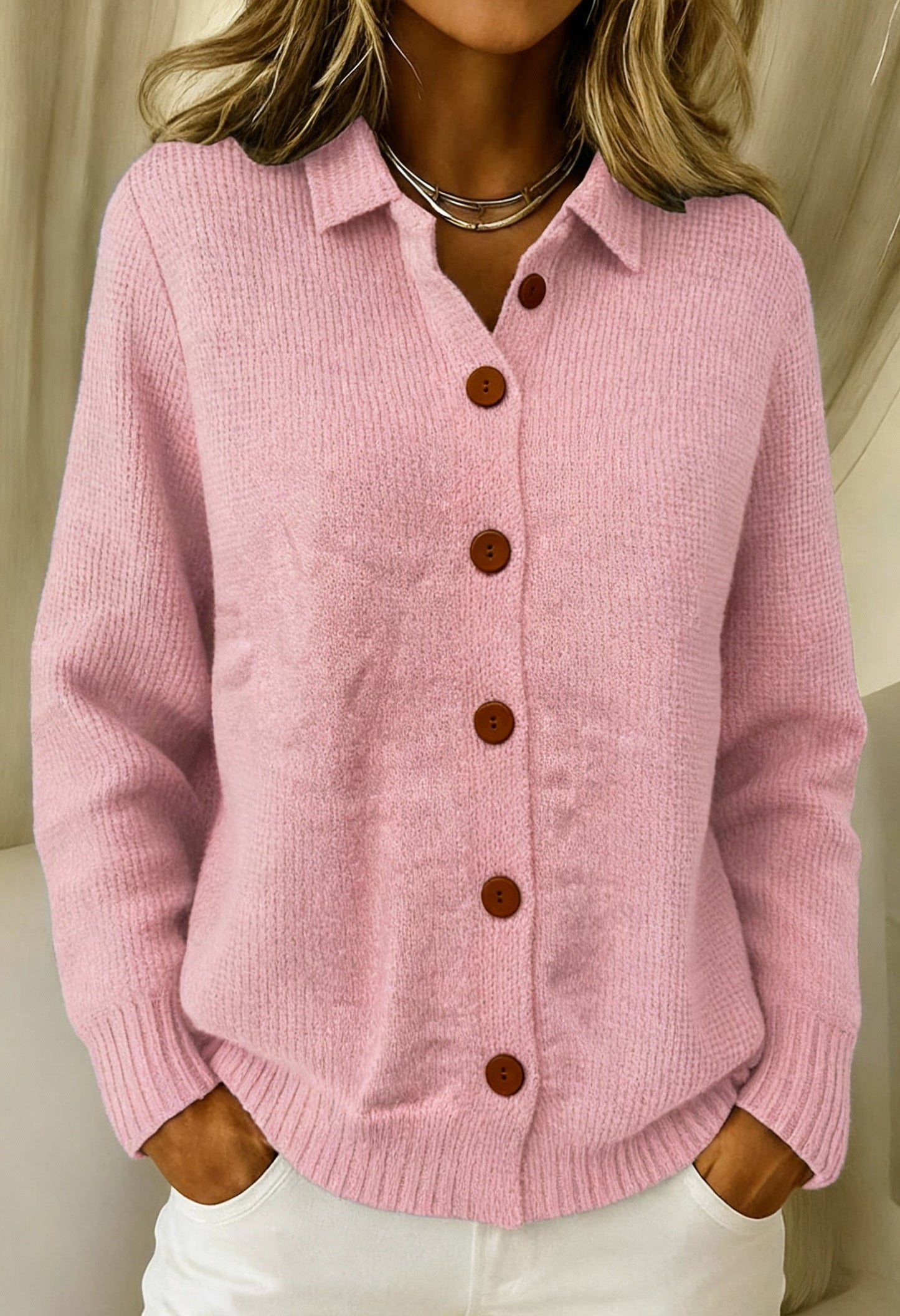 Women's soft knit cardigan with classic collar and button front, relaxed fit for elegant everyday layering
