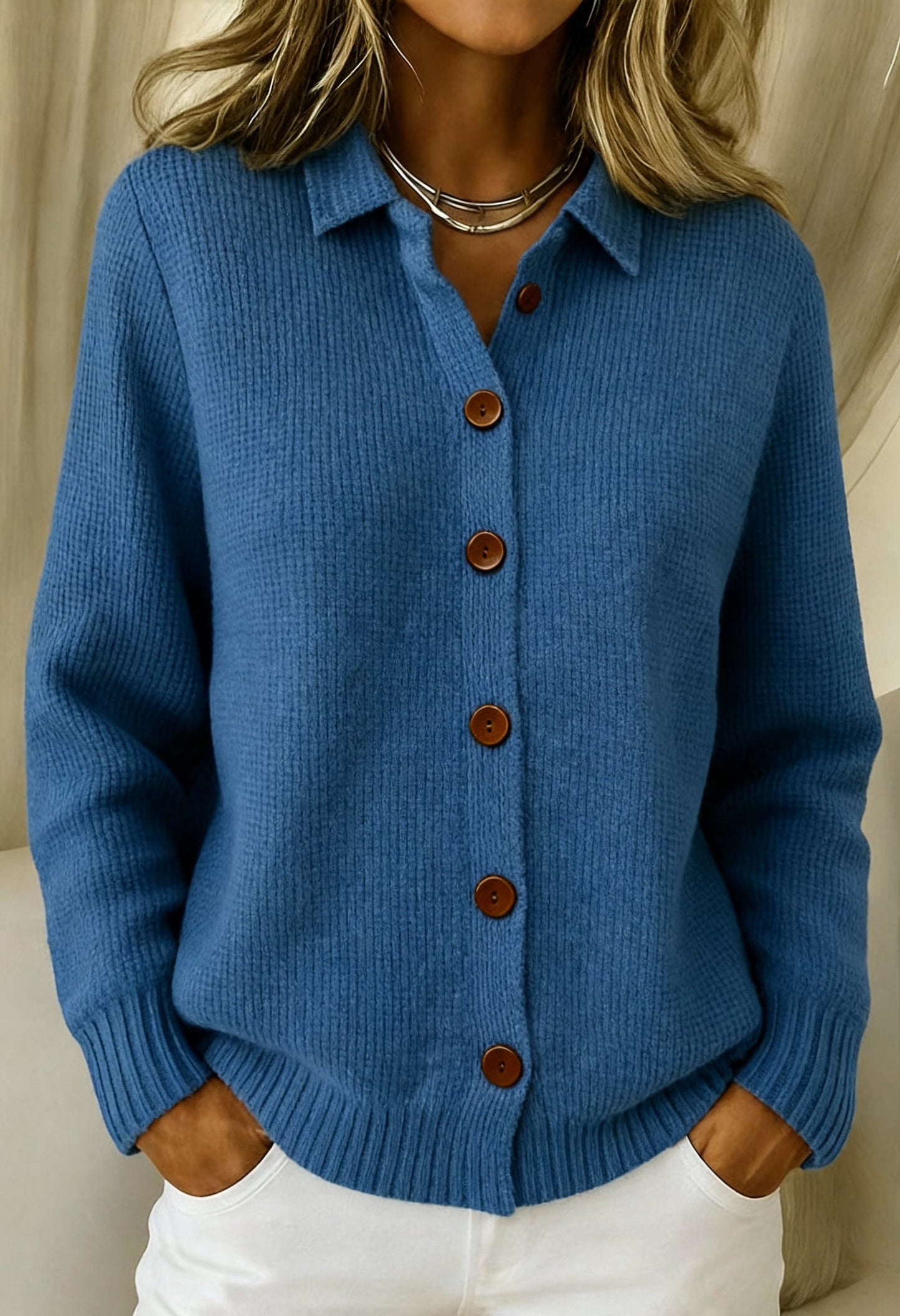 Women's soft knit cardigan with classic collar and button front, relaxed fit for everyday layering