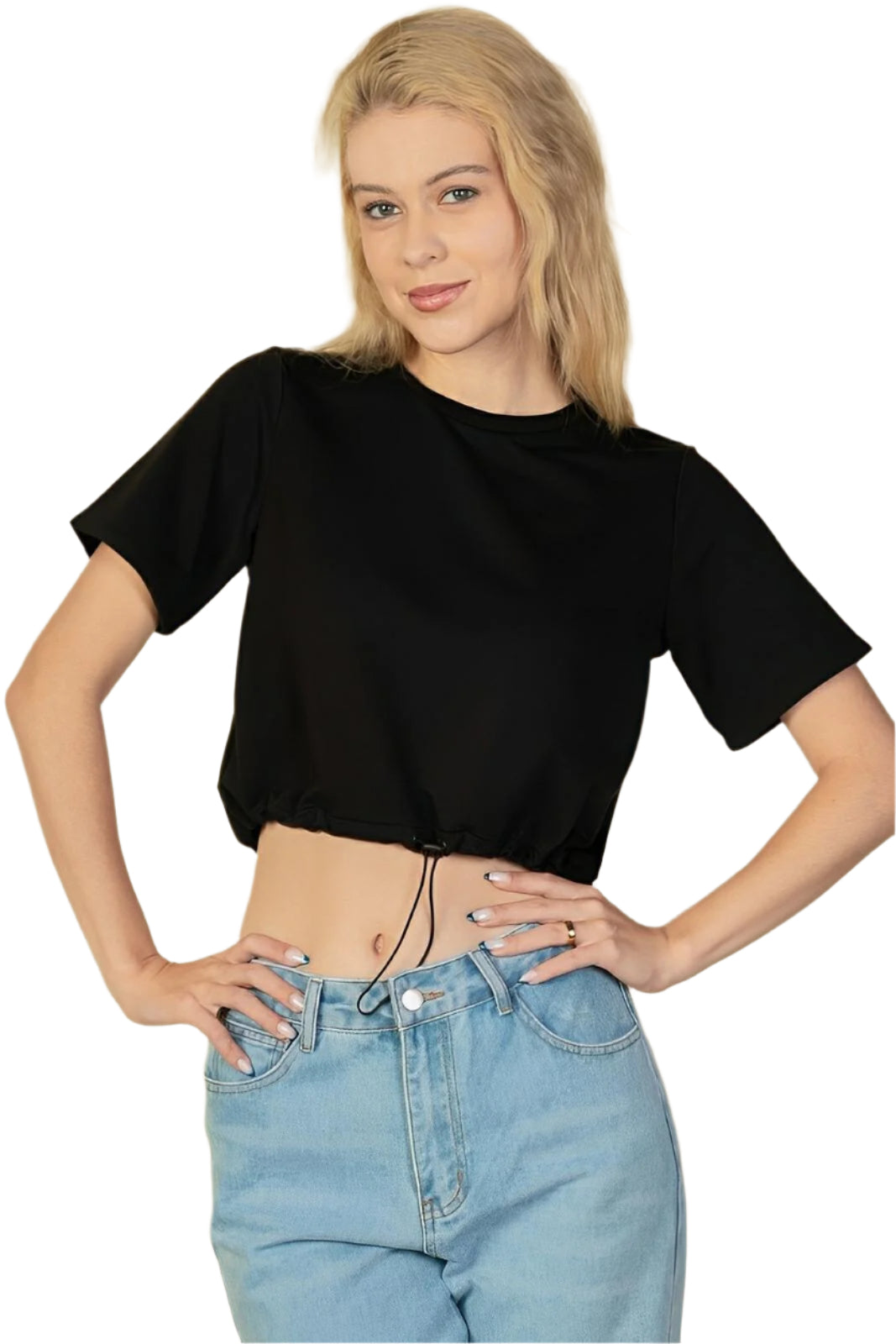 Women's French terry cropped sweatshirt with toggle drawstring hem, soft medium-weight casual fit
