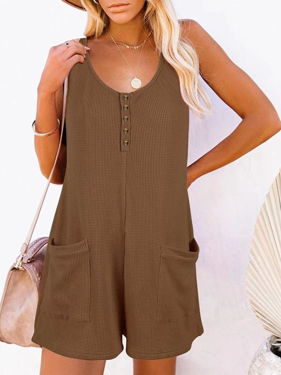 Casual sleeveless scoop neck romper with functional pockets, relaxed fit, perfect for all-day wear