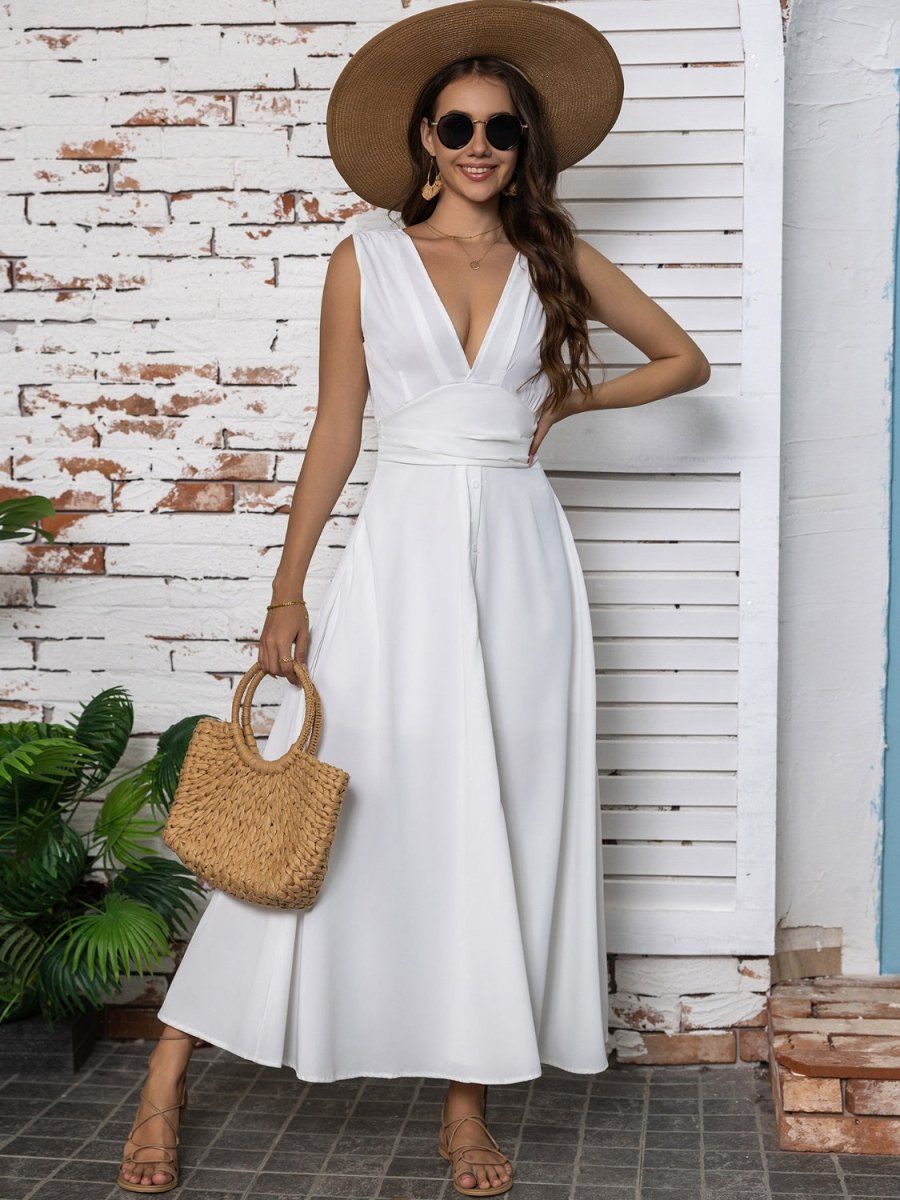 Sleeveless midi dress V-neck slit hem flattering silhouette versatile day-to-night style