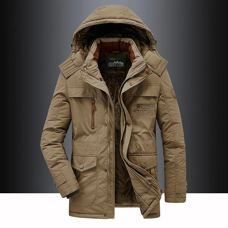 Men's insulated hooded winter jacket heavy-duty structured fit for outdoor cold weather