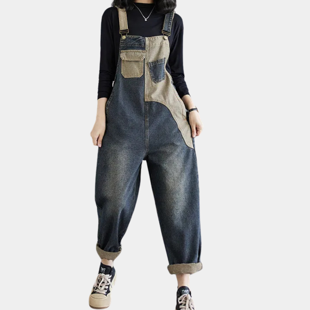 Women's loose fit patchwork denim overalls with adjustable straps and functional pockets