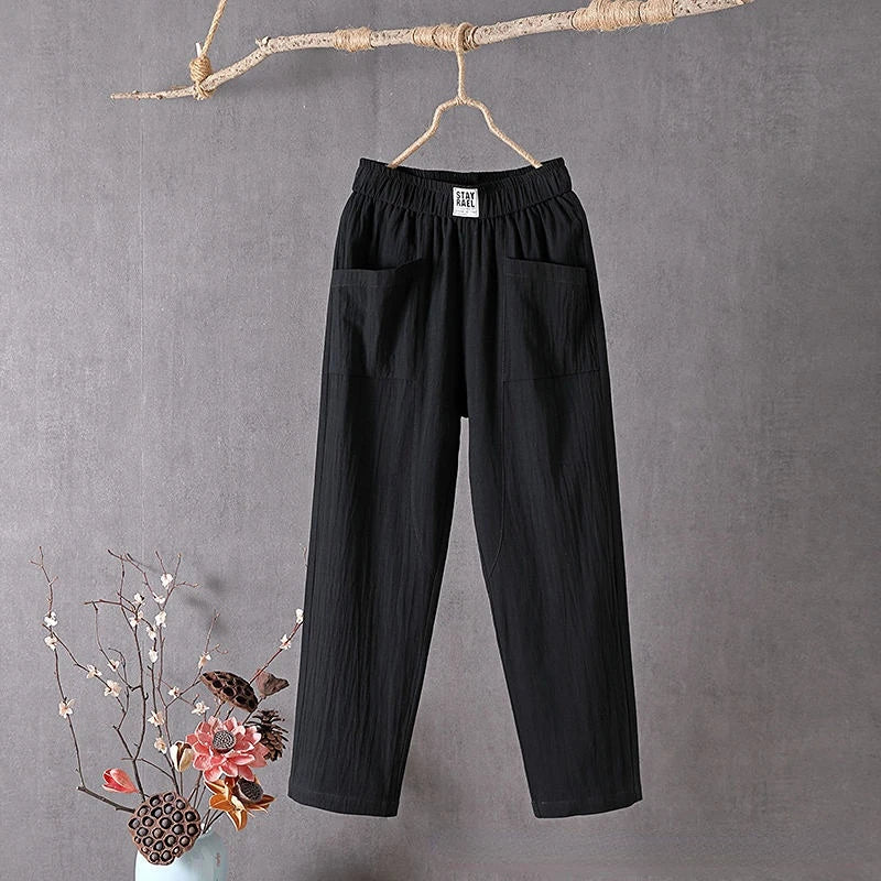 Women's rose casual loose straight-leg pants with elastic pull-on waistband for all-day comfort