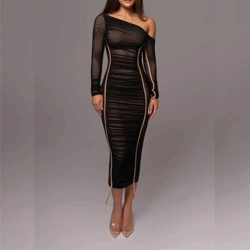 Women's black asymmetric midi dress with bold neckline, long sleeves, and backless mesh detail