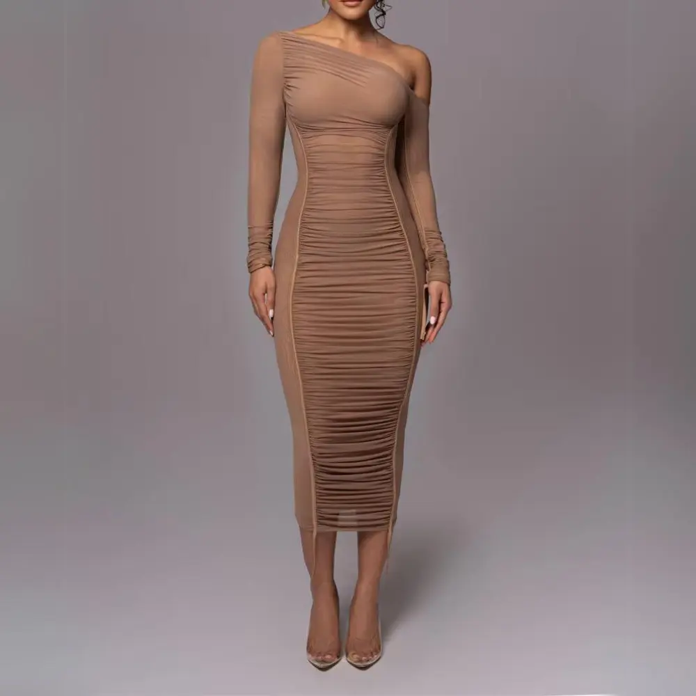 Women's black asymmetric midi dress with bold neckline, long sleeves, and backless mesh detail