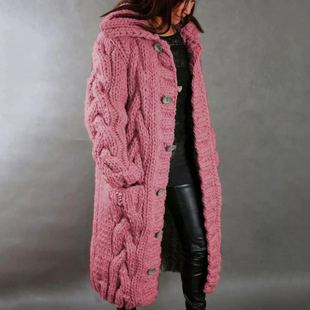 Women's chunky knit long hooded cardigan with cozy oversized silhouette and textured warm design