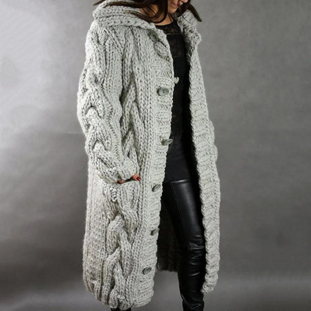 Women's chunky knit long hooded cardigan cozy oversized silhouette for effortless layering