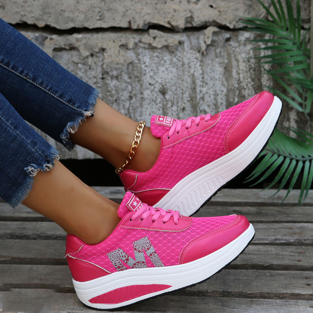 Women's white breathable mesh platform walking sneakers with lightweight sole for all-day comfort