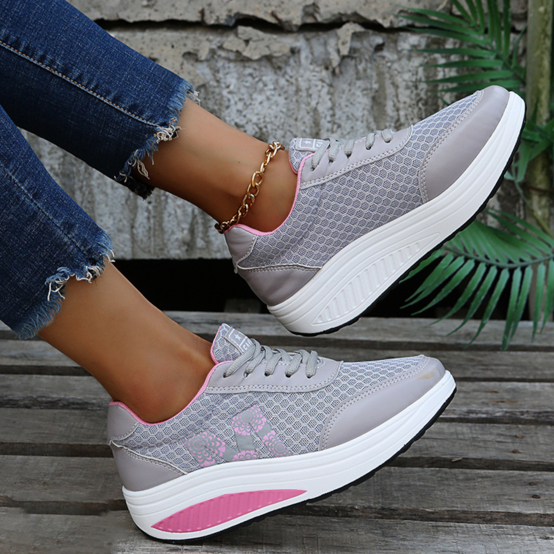 Women's white breathable mesh platform walking sneakers with lightweight sole for all-day comfort