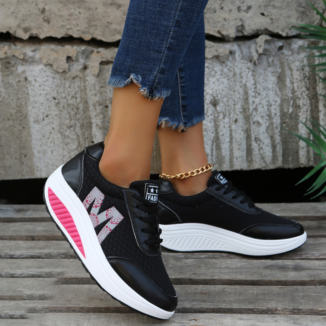 Women's white breathable mesh platform walking sneakers with lightweight sole for all-day comfort