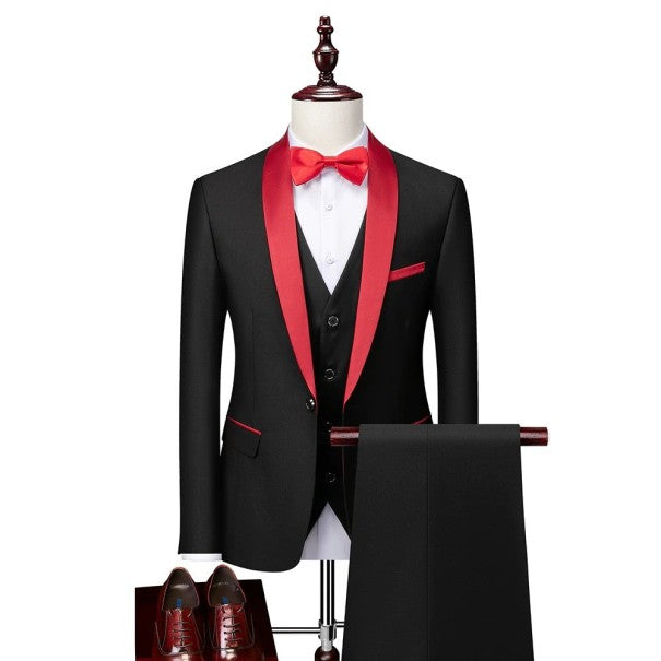 Men's slim fit two-piece tuxedo suit in classic black with matching trousers for formal occasions