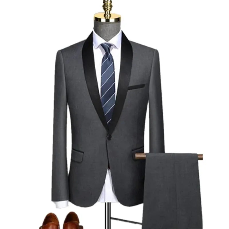 Men's slim fit two-piece tuxedo suit in classic black with matching jacket and trousers for formal occasions