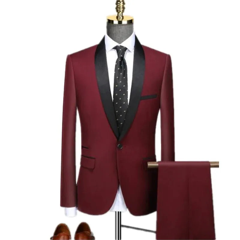 Men's slim fit two-piece black tuxedo suit with matching trousers, tailored for formal occasions