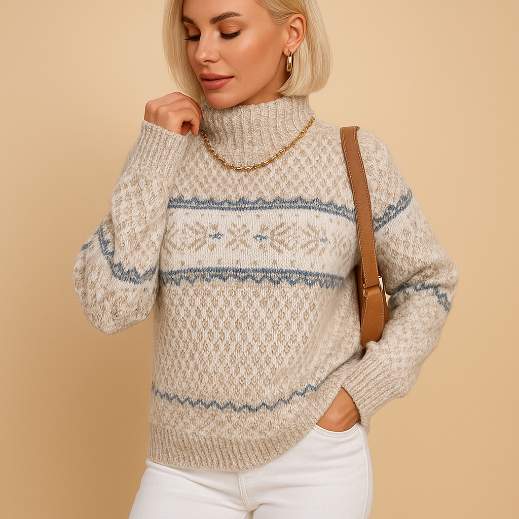 Women's wool blend turtleneck knit sweater with all-over snowflake motif, regular fit, raglan sleeves
