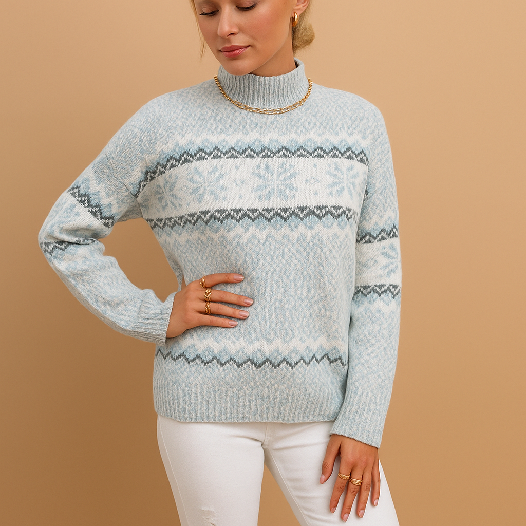 Women's wool blend turtleneck knit sweater with all-over snowflake motif, regular fit, raglan sleeves