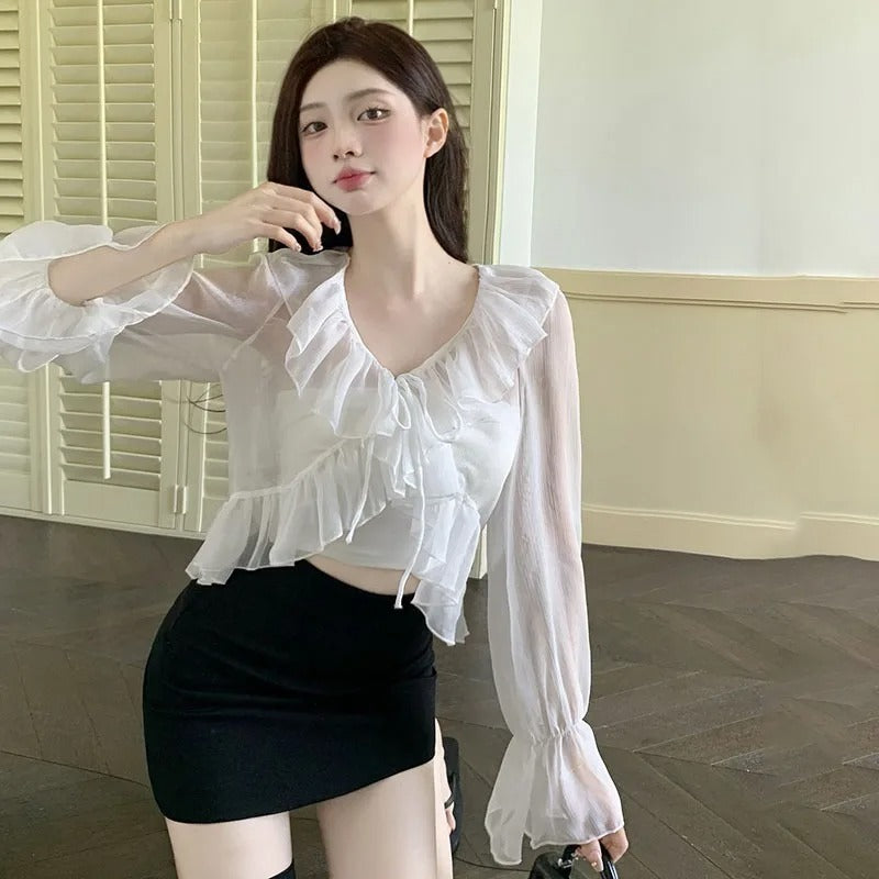 Women's lightweight flared sleeve cardigan with ruffled edges and tie-front closure for feminine layering