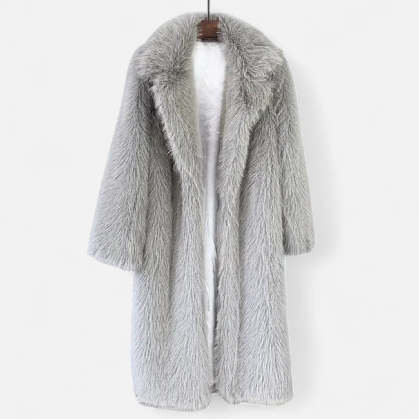 Women's long fur coat cozy winter outerwear plush fur-lined silhouette luxurious cold-weather elegance