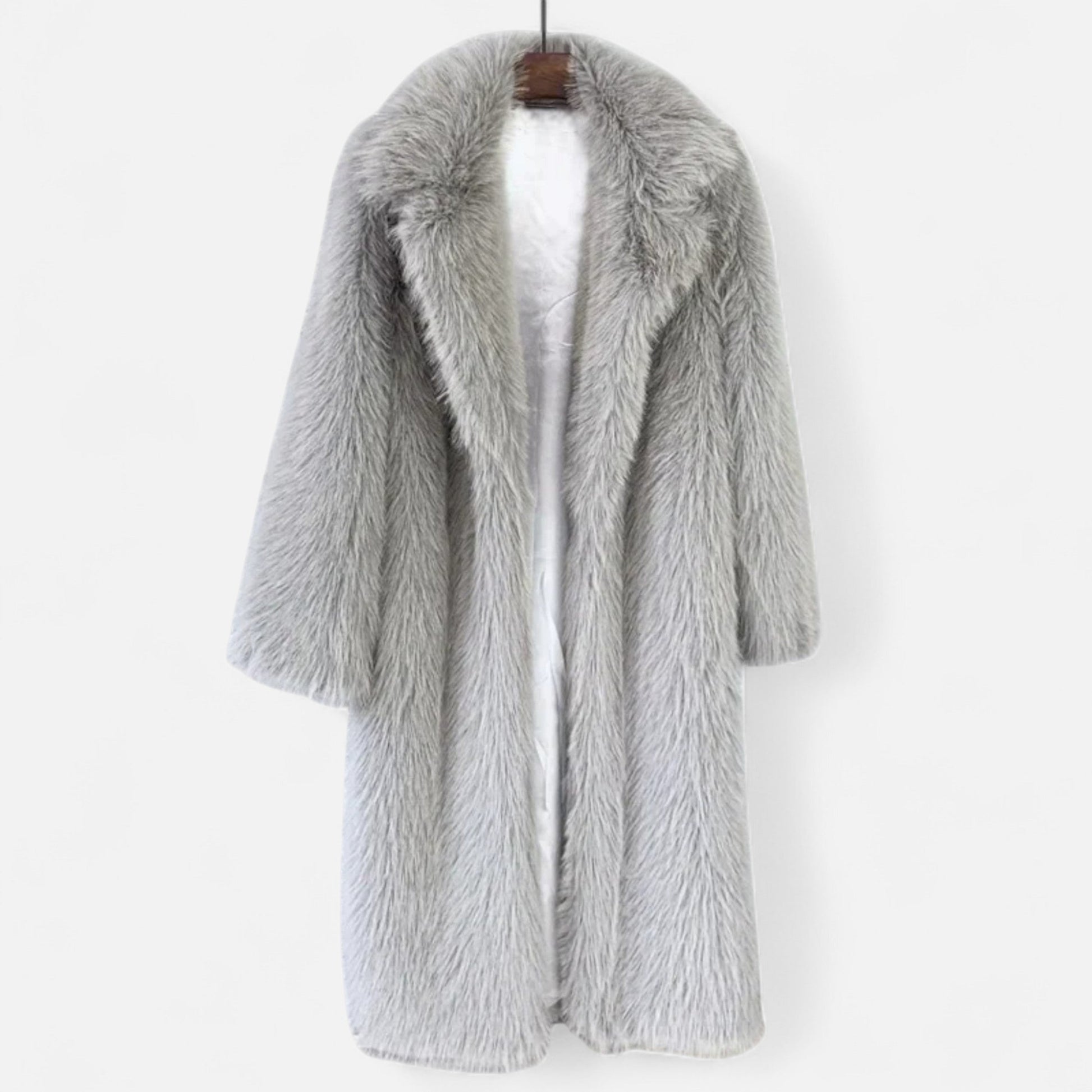Women's long fur coat cozy winter outerwear plush fur-lined silhouette luxurious cold-weather elegance