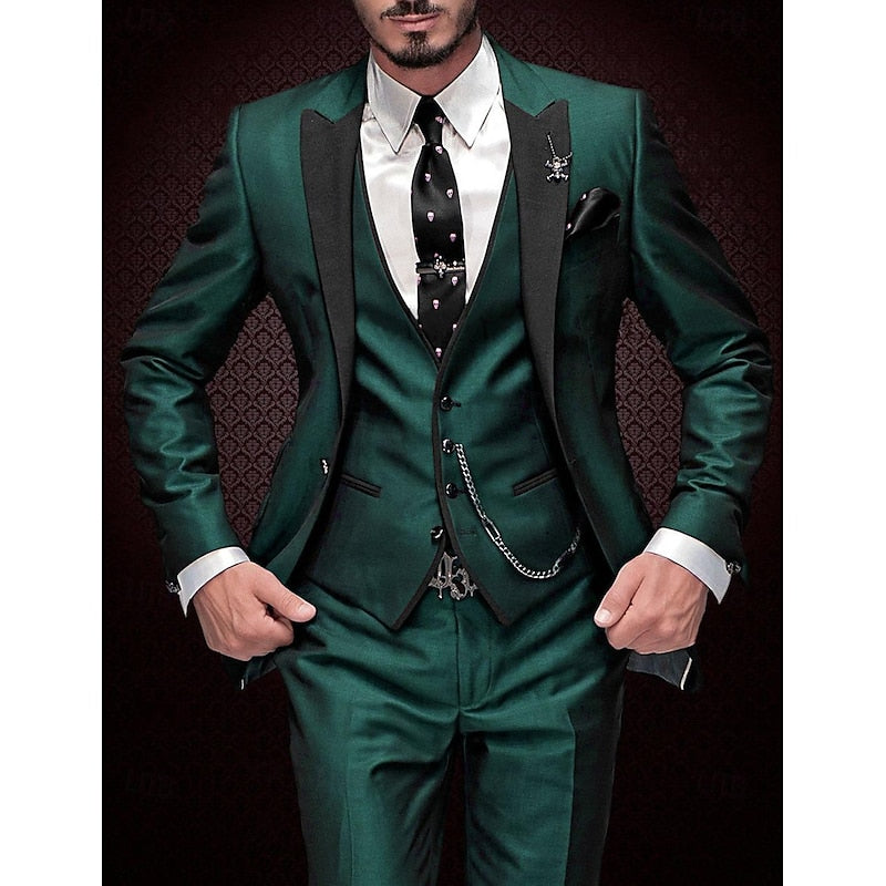 Men's beige linen 3-piece suit set with tailored blazer, matching vest, and trousers