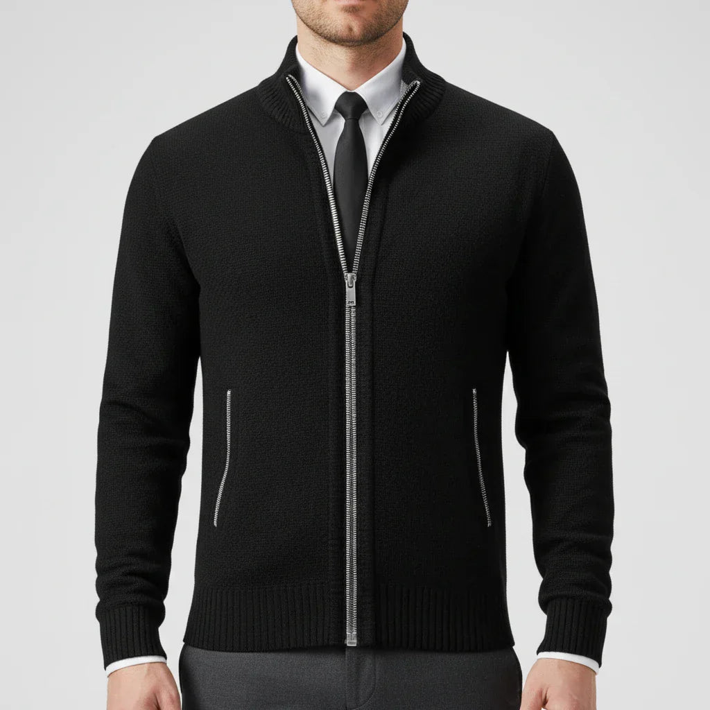 Men's zip-up sweater with stand collar in neutral tone, slim fit for office and weekend layering