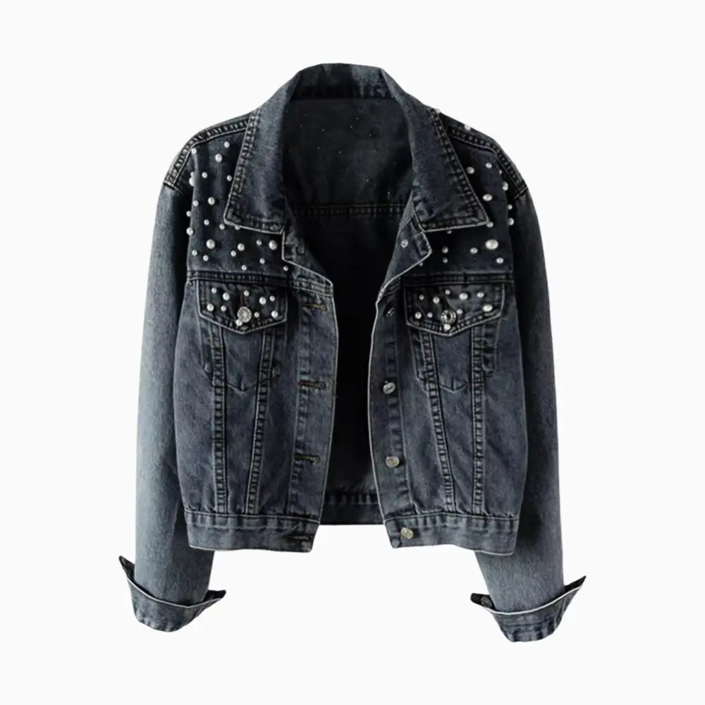 Women's light blue loose fit short denim jacket with elegant beaded pearl accent embellishments