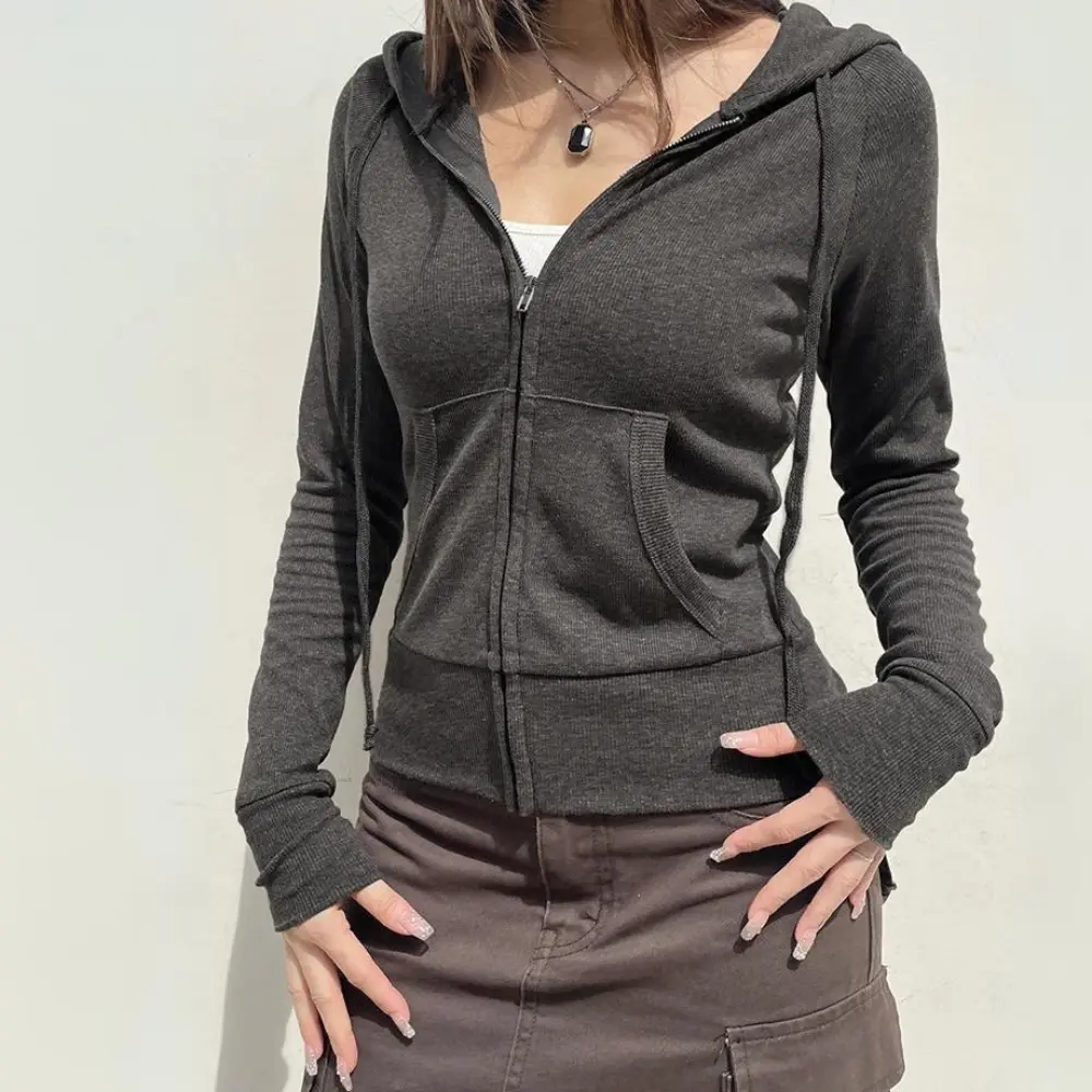 Women's light gray zip-up hoodie snug-fit lightweight breathable urban chic sweatshirt
