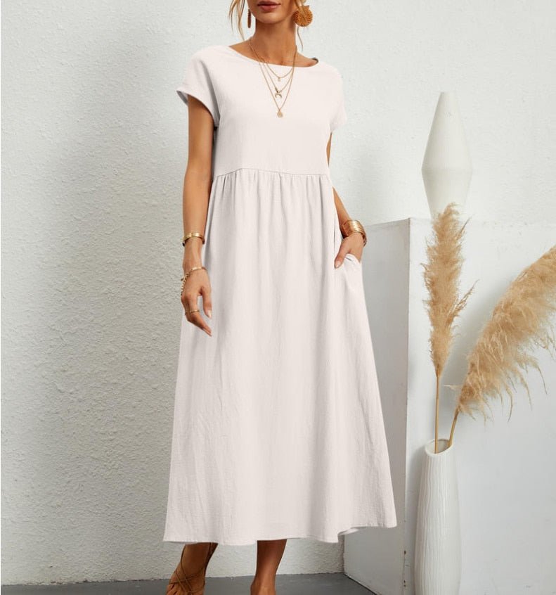 Women's breathable viscose maxi dress, airy relaxed fit, round neck, short sleeves, Nordic-inspired style