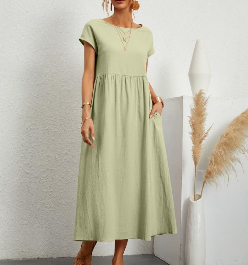 Women's breathable viscose maxi dress, airy relaxed fit, round neck, short sleeves, Nordic-inspired style