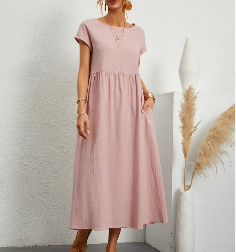 Women's breathable viscose maxi dress, long airy fit, round neck, short sleeves, Nordic-inspired style