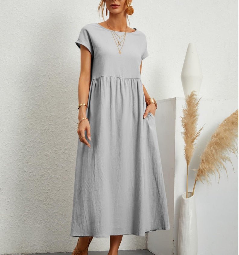 Women's breathable viscose maxi dress, long airy fit, round neck, short sleeves, Nordic-inspired style