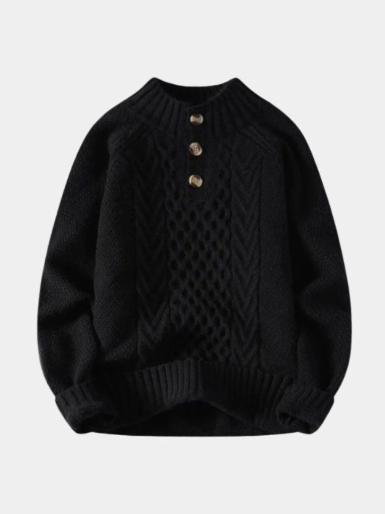 Unisex chunky cable-knit sweater with three-button collar, cozy midweight smart-casual style