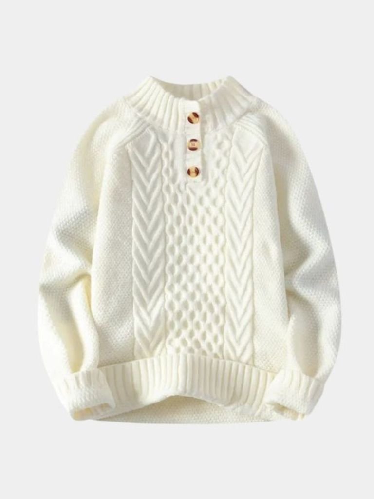 Chunky cable-knit unisex sweater with three-button collar, cozy midweight smart-casual style
