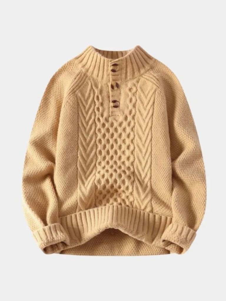 Unisex chunky cable-knit sweater with three-button collar, cozy midweight smart-casual style