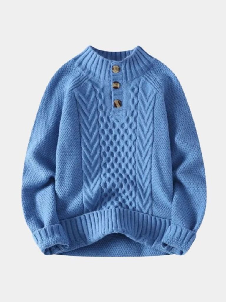 Chunky cable-knit unisex sweater with three-button collar, cozy midweight smart-casual style
