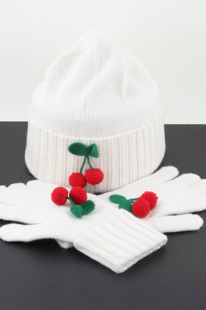 Girls’ Soft Knit Cherry Beanie and Gloves Winter Set - Urbann-Vibe