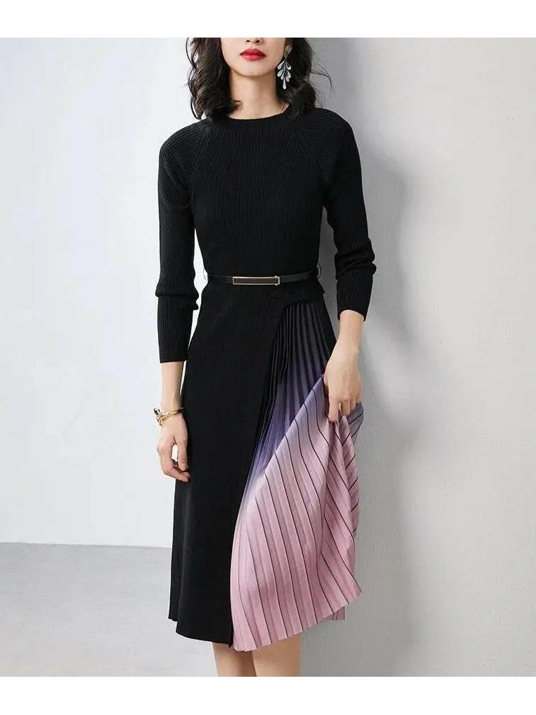 Giulia gradient pleated knit dress with splicing belted waist, modern chic silhouette