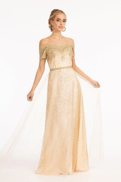Glitter print mesh off-shoulder prom gown, floor-length A-line silhouette with sparkling formal design