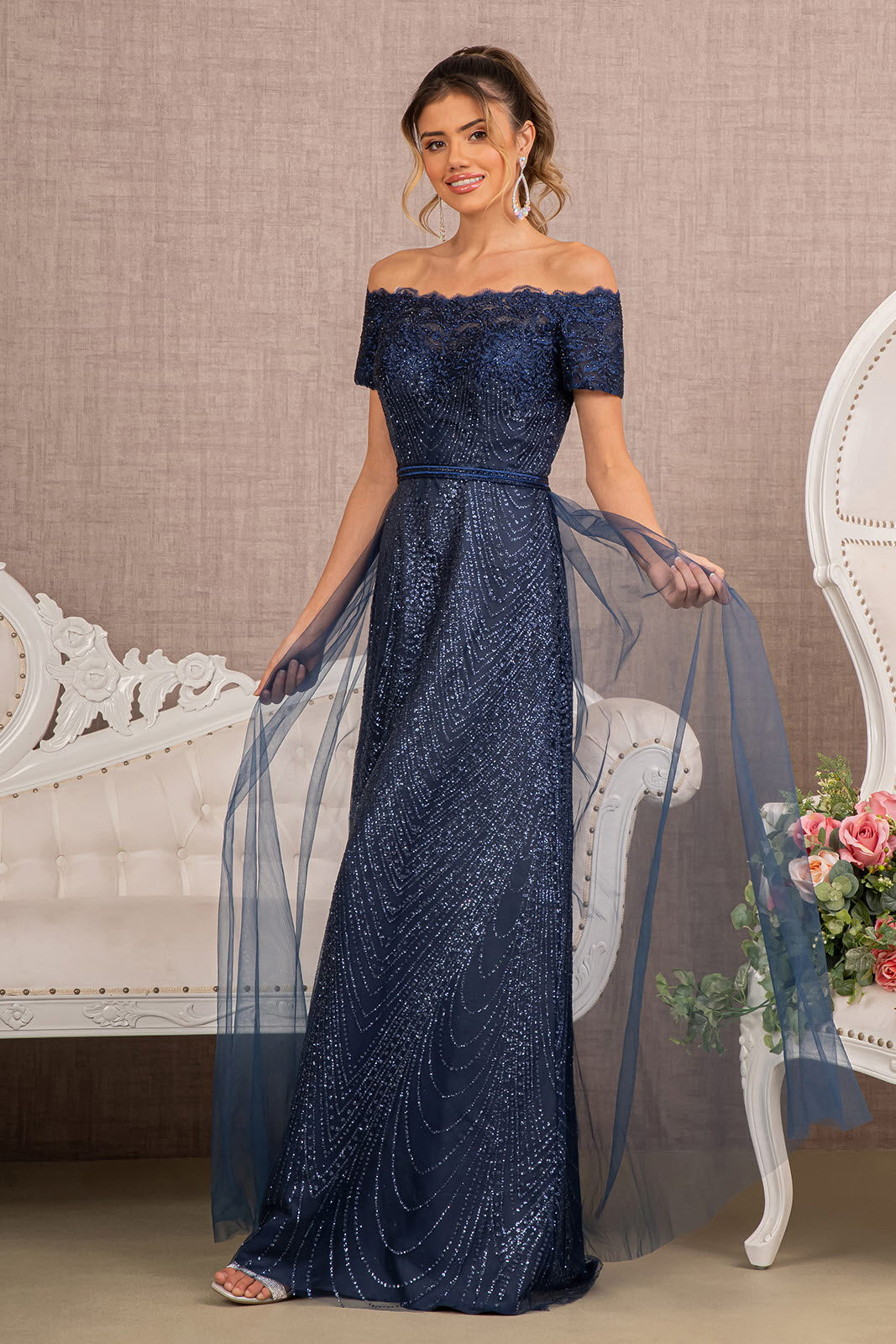 Glitter print mesh off-shoulder prom gown, floor-length A-line silhouette for formal events