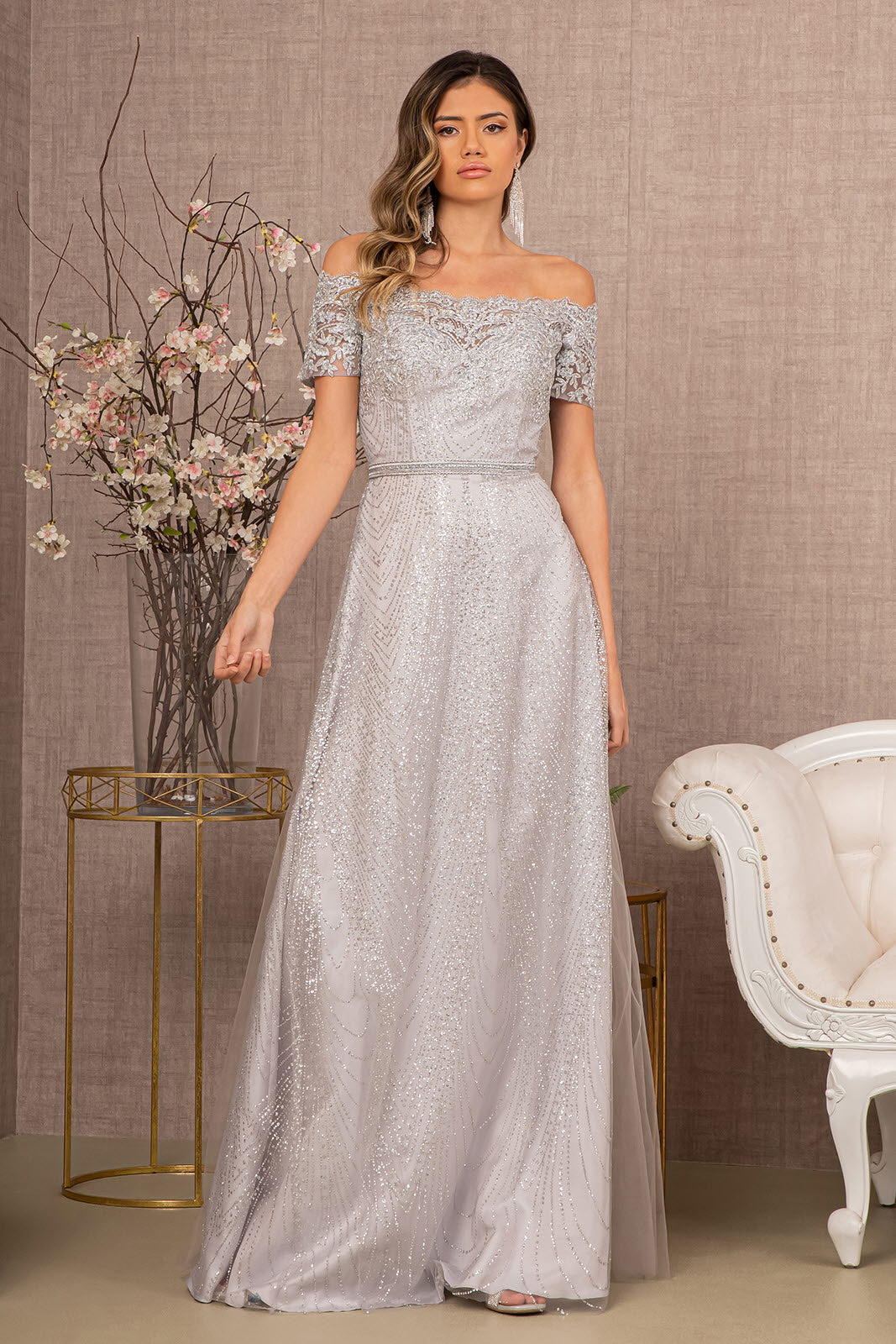 Glitter print mesh off-shoulder prom gown, A-line floor-length silhouette with sparkling finish