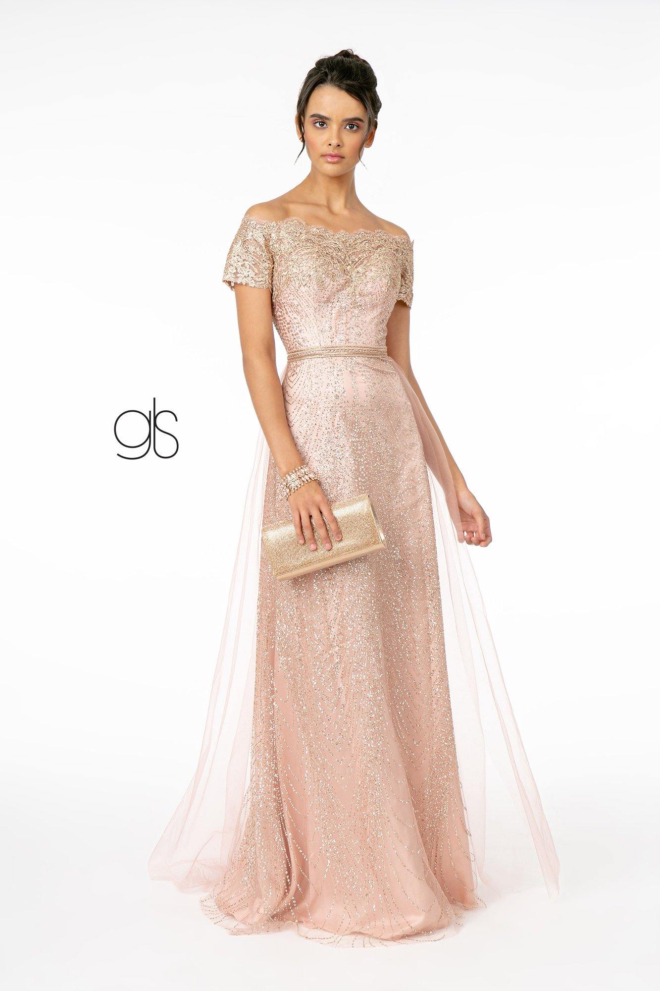 Glitter print mesh off-shoulder prom gown floor-length A-line silhouette sparkling formal dress