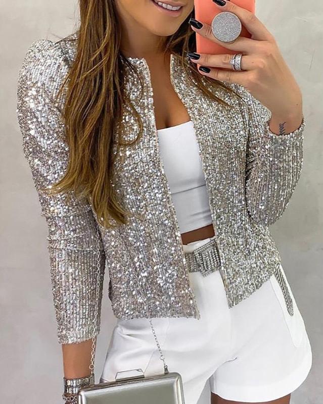 Women's winter party jacket shimmering metallic finish polished night-out style warm contemporary glow